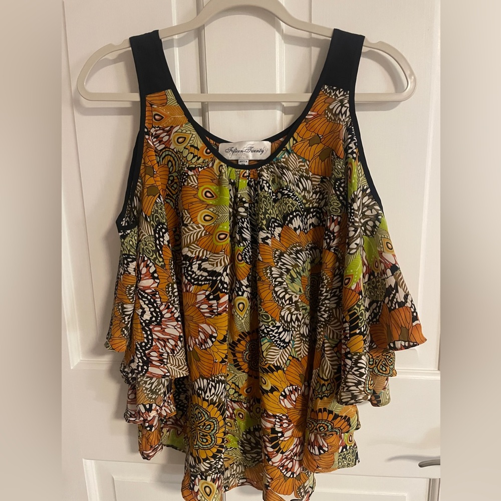 NWOT Fifteen-Twenty Women's Floral Blouse in Orange, Green, and Black